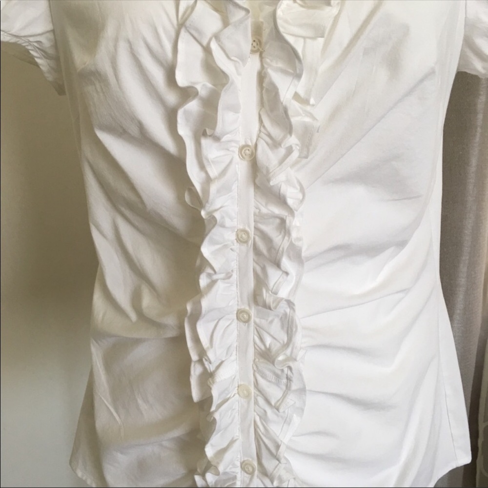 Ann Taylor Loft White Ruffle Button Down, Size 4. - image 3